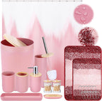 iMucci Bathroom Accessories Pink Bathroom Sets with Shower Curtain and Rug, Pink Ombre Waterproof Shower Curtain with Ultra Absorbent Rug Bathroom Accessories Set for Home Decor