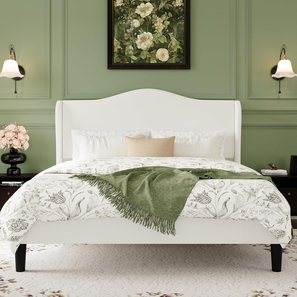 SHA CERLIN Full Size Bed Frame with Curved Wingback Headboard,Soft White