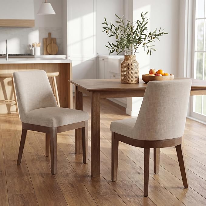 HNY Modern Dining Chairs Set of 2 with Comfortable Back Support, Farmhouse Soft Linen Upholstered Kitchen Dining Room Chairs with Solid Wood Legs, Armless Accent Side Chairs for Living Room, Beige