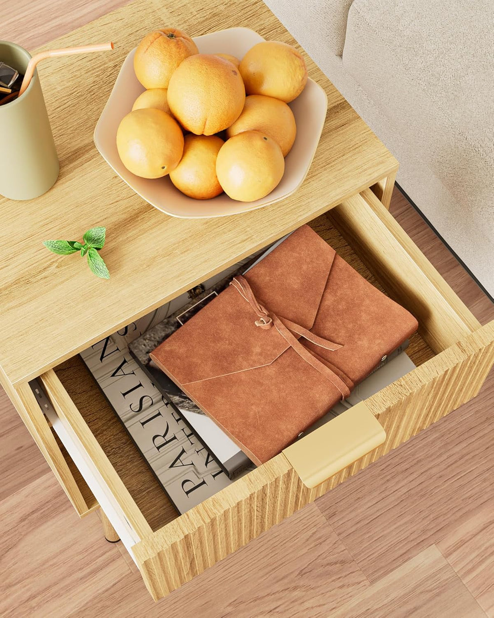 Oak Fluted Nightstand, Modern Bedside Table with Storage Drawer, Wood Night S...