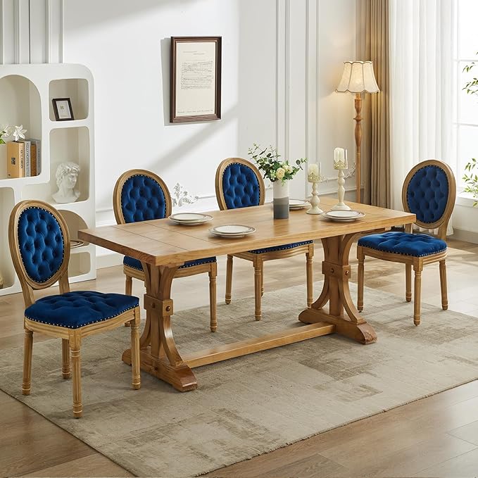 French Country Dining Chairs Set of 4, Blue Kitchen & Dining Room Chairs, Velvet Kitchen Chairs, Tufted Upholstered, Wood Legs, Sillas De Comedor (Velvet, Blue, 4 Pcs)