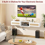 IBUYKE Modern Rattan Floating TV Stand with Doors,Wall Mounted TV Shelf for TVs up to 55 Inches,Media Console Entertainment Center for Under TV Storage Cabinet for Living Room Bedroom,White UWST012W