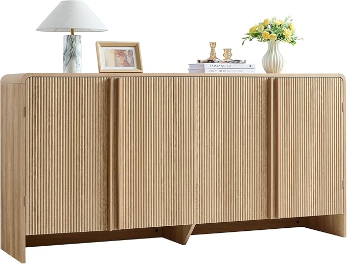 AMERLIFE 63" Fluted TV Stand Media Console Cabinet with Storage, Modern Credenza Entertainment Center with 4 Doors & Adjustable Shelves, Wood Coffee Bar for Living Room, Hallway, Natural Oak