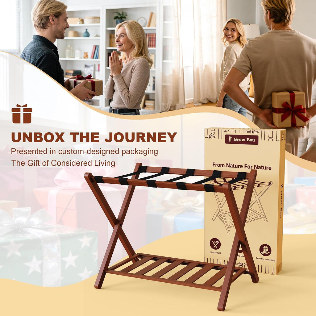 Walnut Luggage Racks Set of 2, Bamboo 26.77" Luggage Rack Stand for Guest Room, 5 Nylon Straps, Foldable Suitcase Stand with Storage Shelf for Bedroom Hotel, Holds up to 165 Lbs