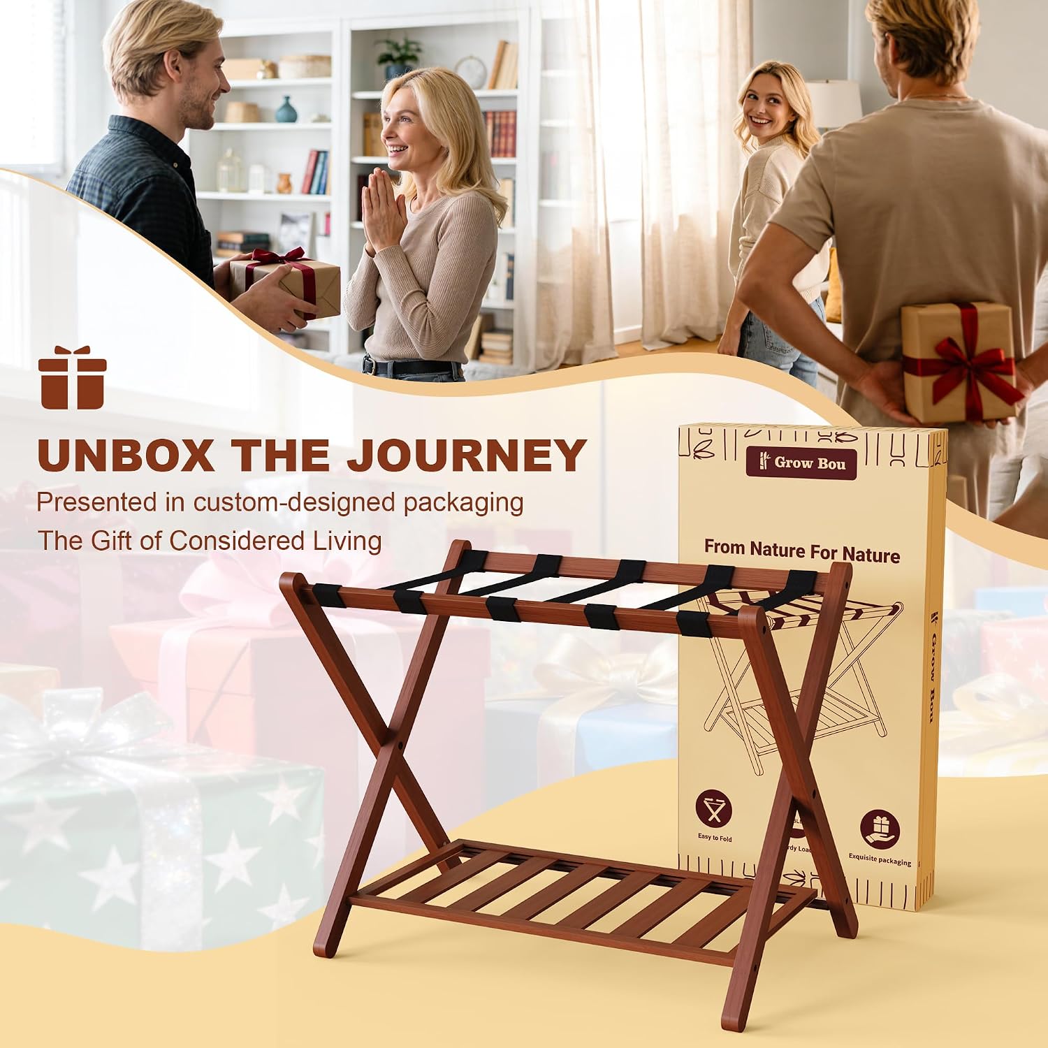 Walnut Luggage Racks Set of 2, Bamboo 26.77" Luggage Rack Stand for Guest Room, 5 Nylon Straps, Foldable Suitcase Stand with Storage Shelf for Bedroom Hotel, Holds up to 165 Lbs