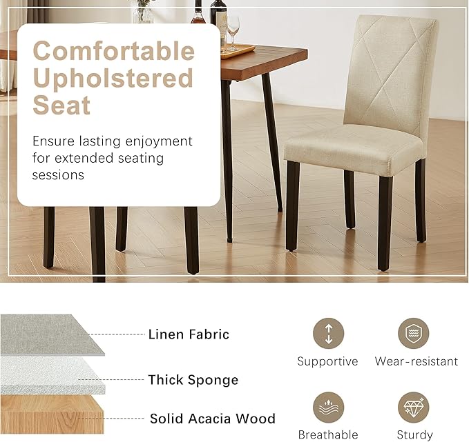 VECELO Upholstered Dining Chairs Set of 2, Modern Fabric and Solid Wood Legs & High Back for Kitchen/Living Room- Beige