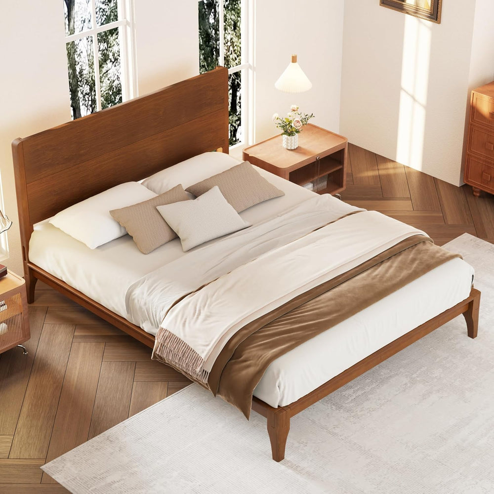 Merax Queen Mid Century Modern Bamboo Wood Bed Frame with Headboard, Brown