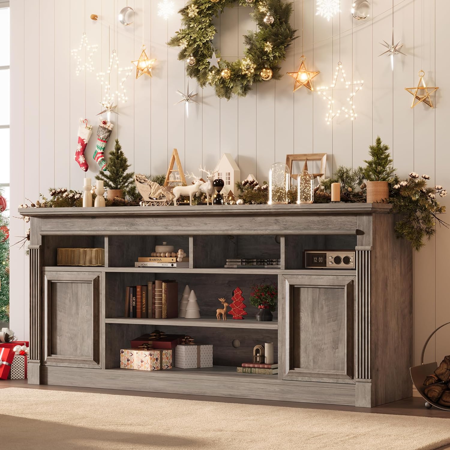 GAOMON TV Stand for TVs Up to 75 Inches, Grey | Entertainment Center, Farmhouse Media TV Console Table, Open Storage Shelves, Cabinets, for Living Room, Bedroom
