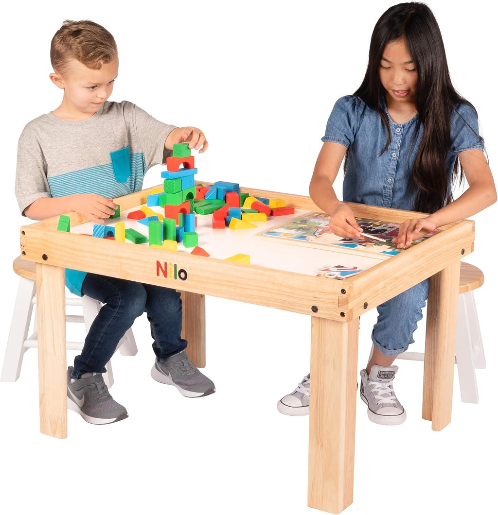 NILO Kids Activity Table Set with 2 Compatible with/Replacement for Detachable Double-Sided Baseplates/Boards/Mats Lego Duplo (N34 Play Table Without Holes, 24x32x20 and 2X Blue Base Plates 12x32)