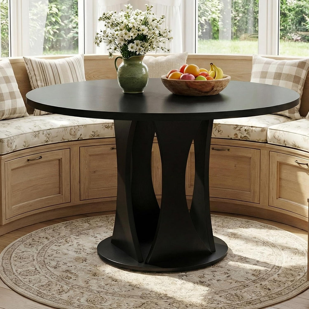 iPormis Round Dining Table, 47'' Kitchen Table for 4-6, Dining Room Dinner Table with Wooden Tabletop & Geometric Arcs Pedestal for Kitchen, Living Room, Home, Office, Black