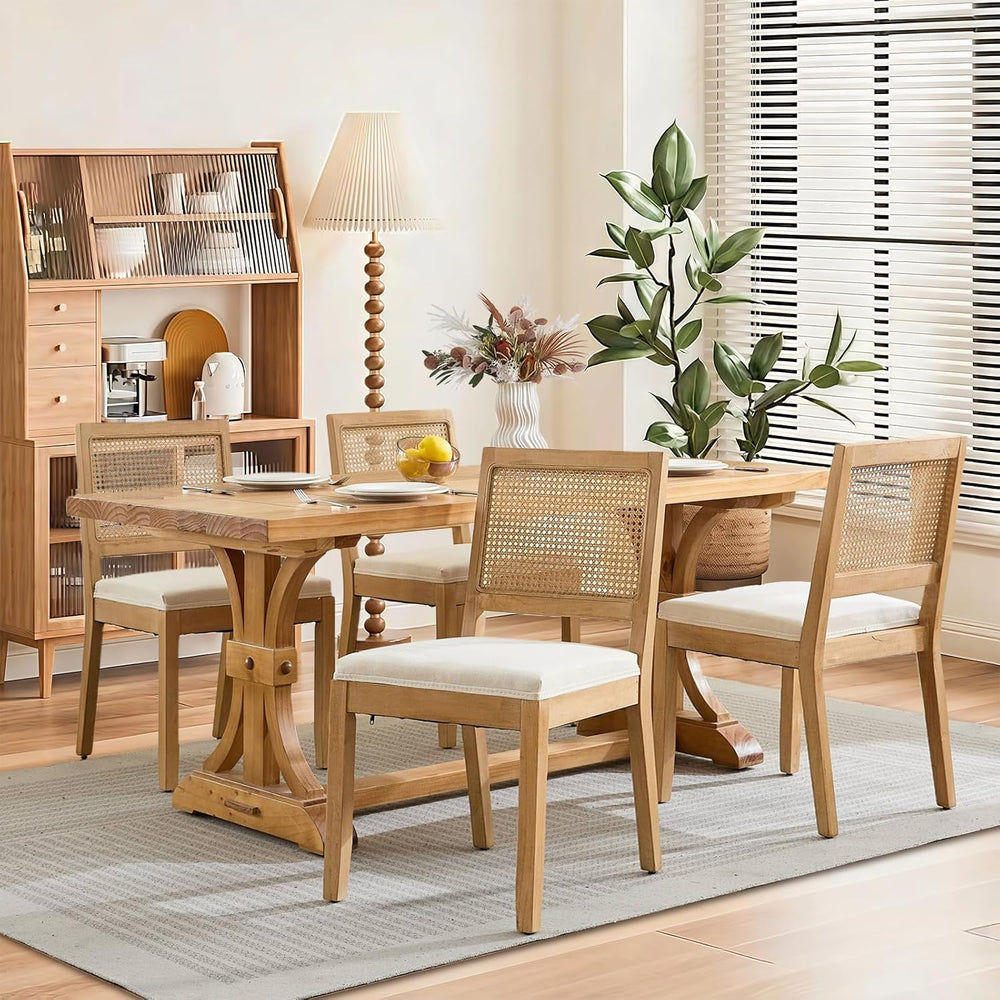 French Dining Chairs Set of 4,Farmhouse Upholstered Linen Chairs with Rattan ...
