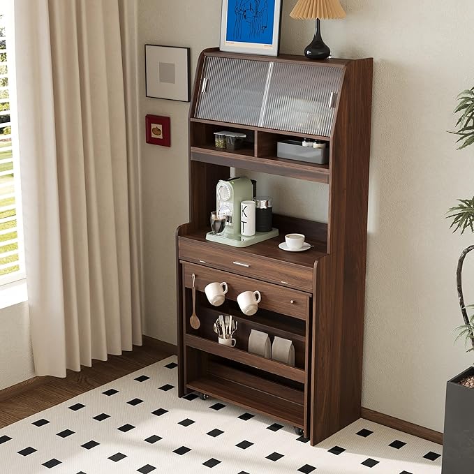 Merax Sideboard Buffet Cabinet with Foldable Dining Table, Multifunctional Cupboard with Storage Shelf and Hooks, for Small Places,Studio, Apartment