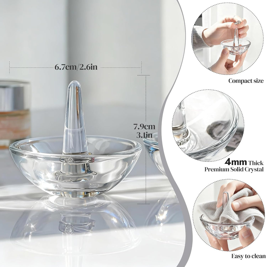H&D HYALINE & DORA 2 Pack Round Glass Jewelry Dish Jewelry Tray (3.1 Inch) | Gifts for Women, Trinket Dish, Crystal Ring Holder for Engagement Wedding Birthday Holiday