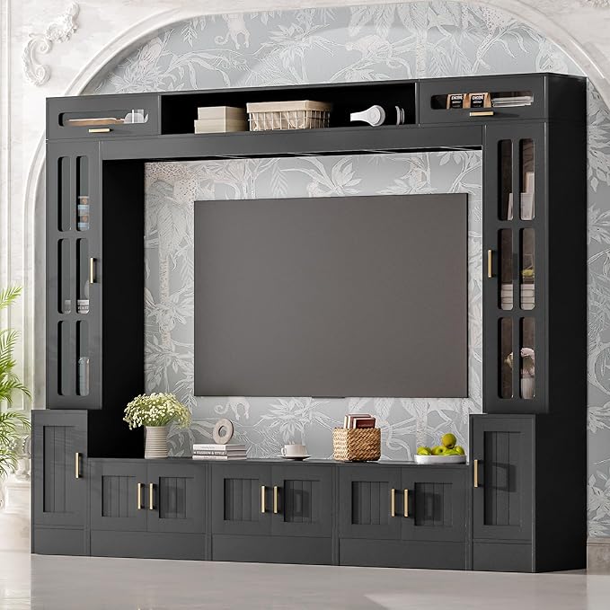 98.4" W Wall Unit Entertainment Center with Bookshelves for TVs up to 80", Modern TV Stand Media Console with Cabinets, Tempered Glass Doors for Living Room (Black/T3)