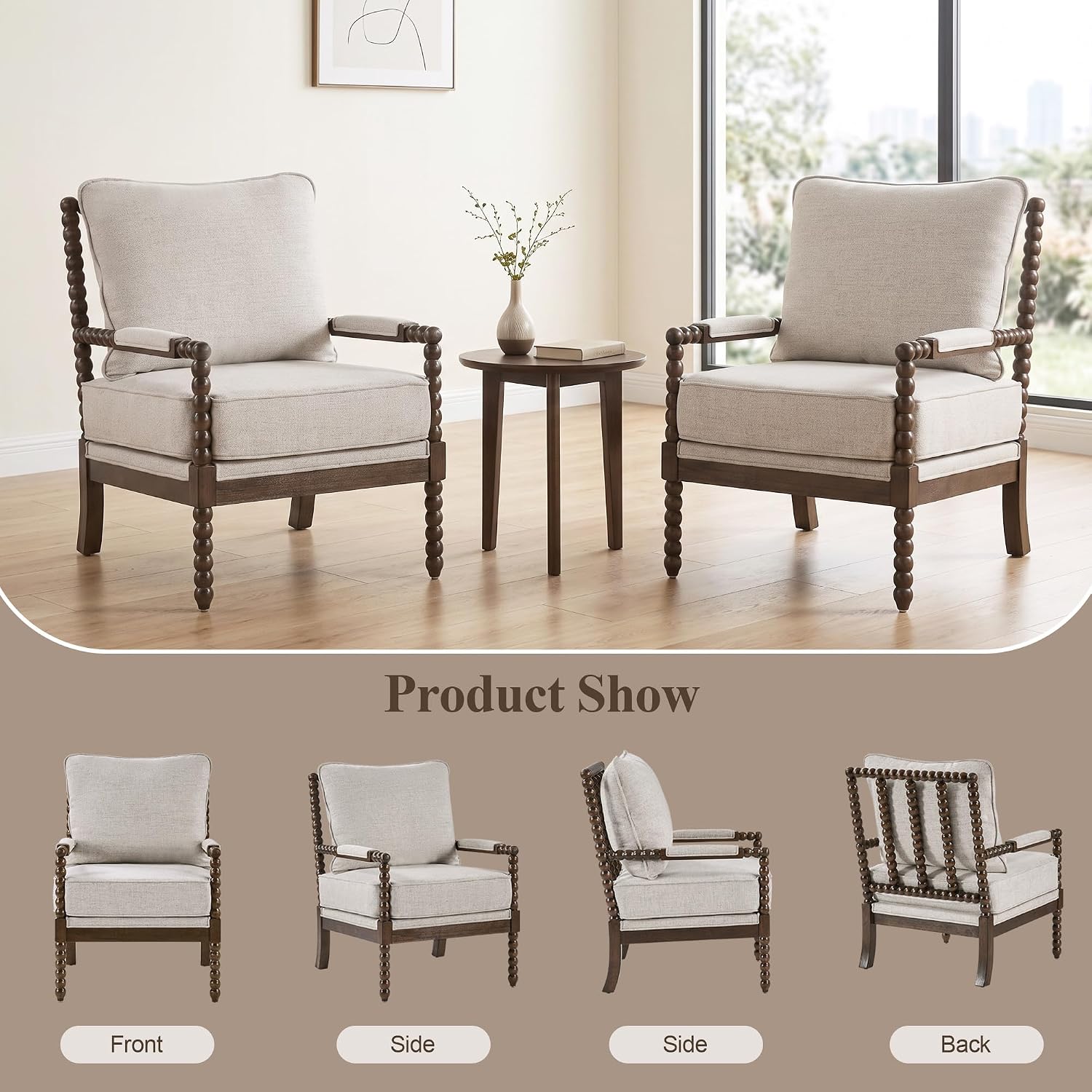 DUHOME Chenille Fabric Spindle Accent Chair Set of 2,Bobbin Chair with High Resilience Spring Cushion and Armrest Pads, Leisure Armchair for Living Room Bedroom Farmhouse Home Office Belcony