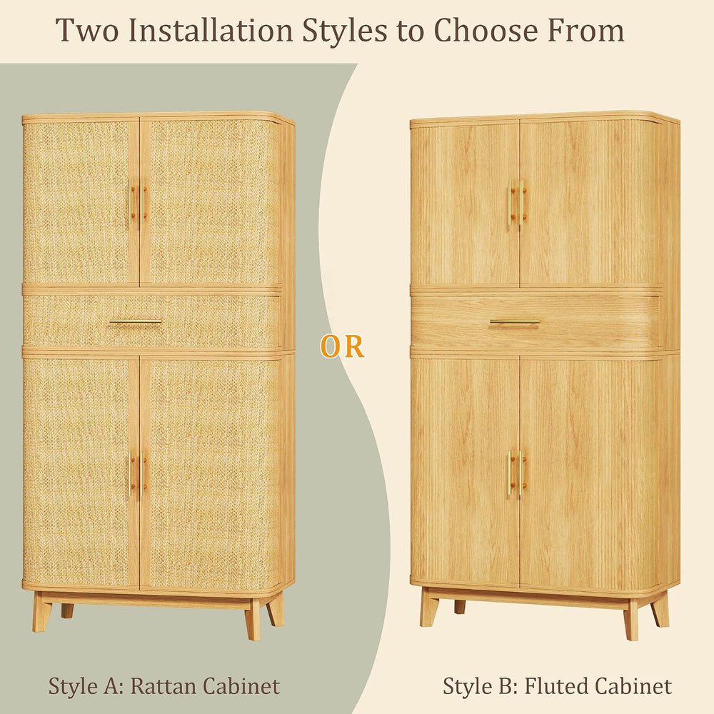 HUAHUU 71" Tall Pantry Cabinet with Curved Rattan Doors, Large Pantry St...