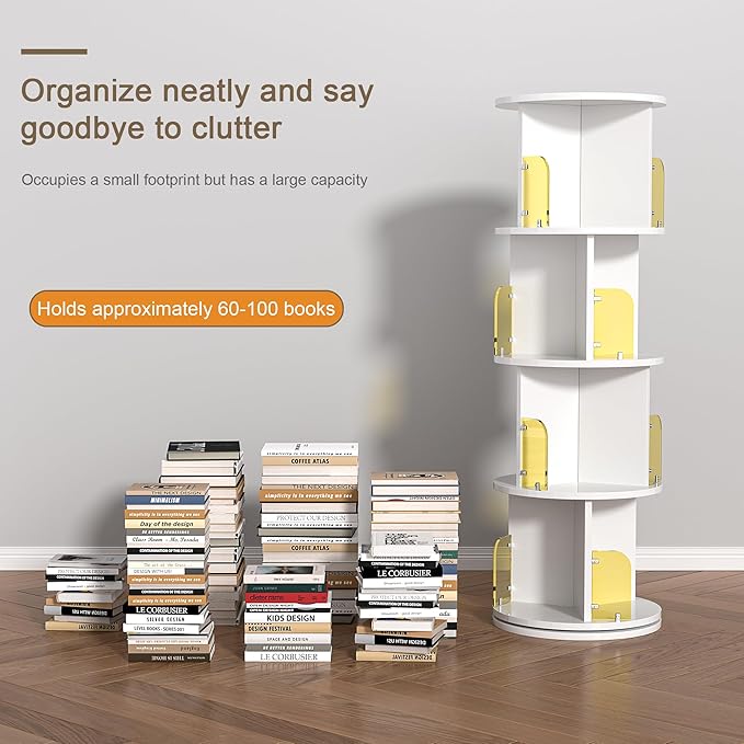 VECELO Rotating Bookshelf Tower, 360°Spinning Bookcase, Modern Tall Book Shelf Storage Display Rack Floor Standing, 4-Tier Swivel Storage Rack for Kids&Adults Solid Wood, White