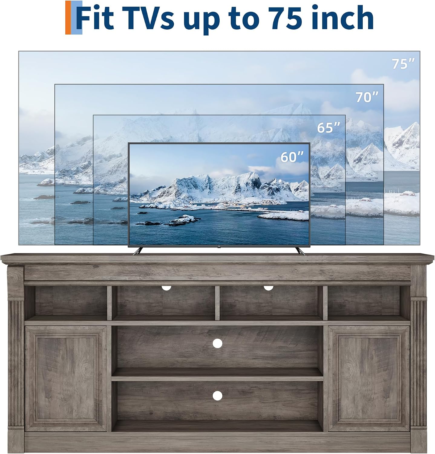 GAOMON TV Stand for TVs Up to 75 Inches, Grey | Entertainment Center, Farmhouse Media TV Console Table, Open Storage Shelves, Cabinets, for Living Room, Bedroom