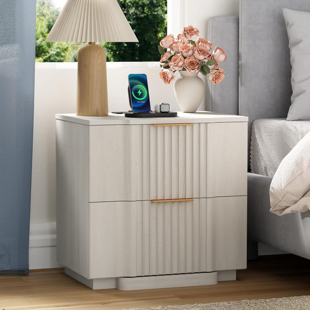 Yechen Fluted Nightstand Set of 2 with Ultra-Fast Charging Station, White | L...