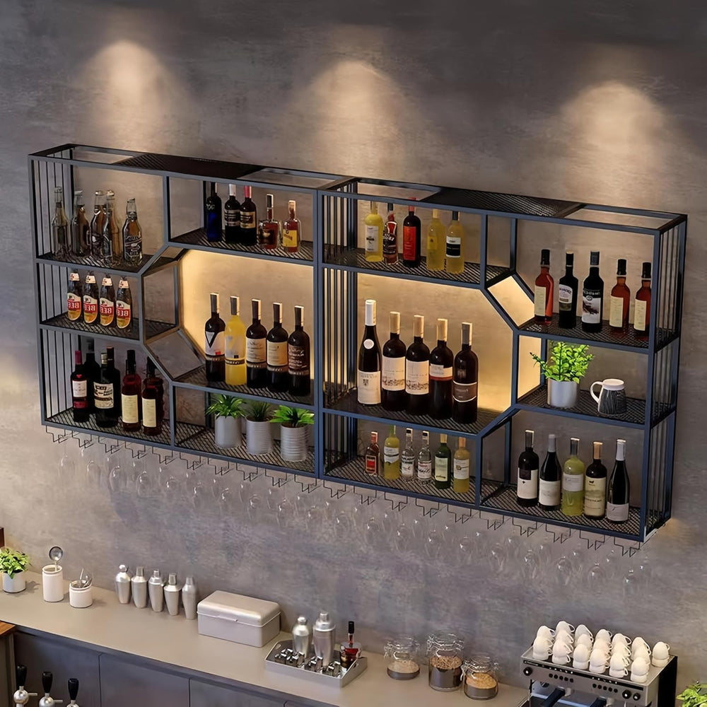 71 Inch Metal Wall-Mounted Wine Rack & Liquor Shelf, 5-Tier Large Bar She...
