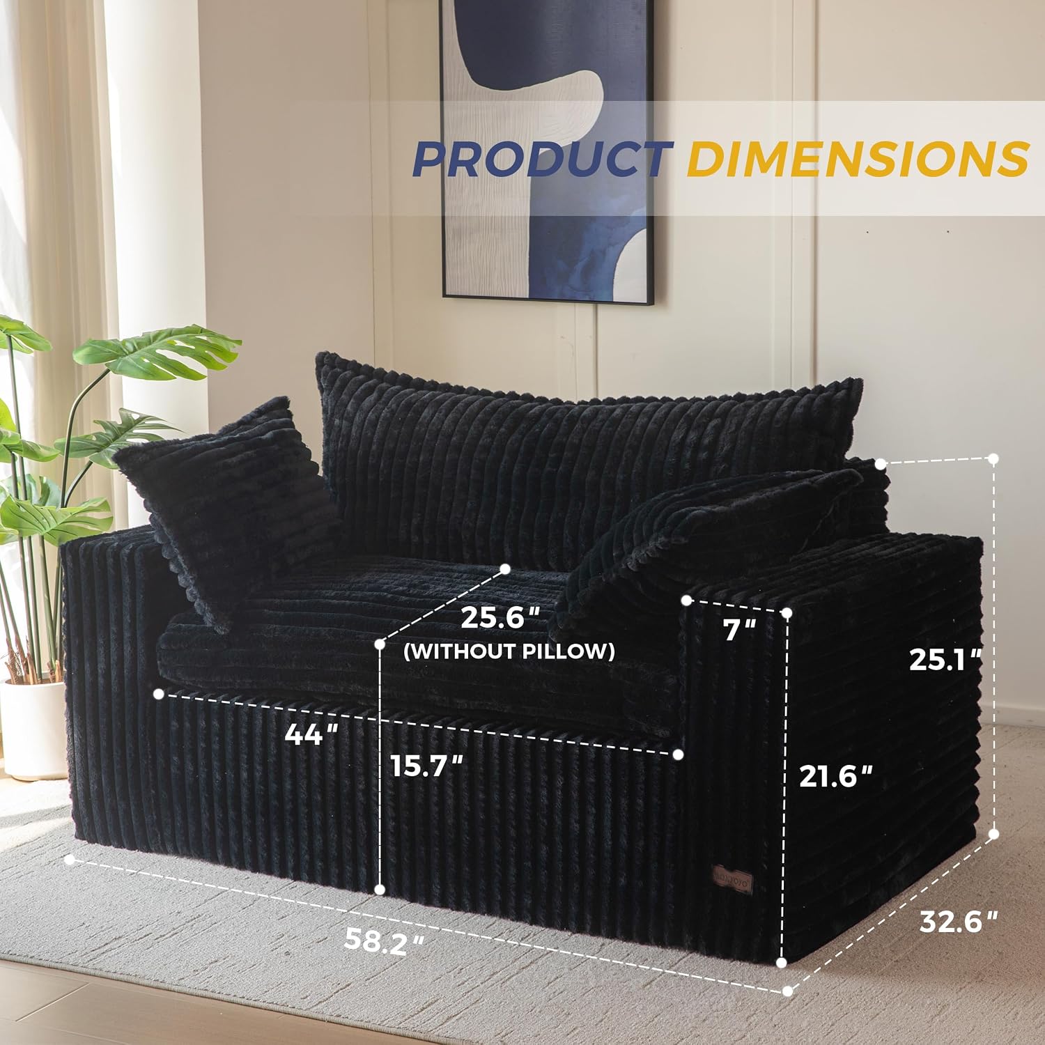MAXYOYO Boneless Couch, 59-Inch Couch in a Box, Deep Loveseat | Foam-Filled Boneless Loveseat, Deep Seating for Two with No Assembly, Ideal for Living Rooms, Bedrooms or Apartments, Black
