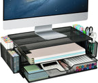 AUPSEN 2 Tier Computer Monitor Stands with Drawer and 2 Pencil Holder, Metal Monitor Stand Monitor riser, Computer Desk Organizer and Accessories for Laptop, Computer, Printer, Office Supplies(Black)