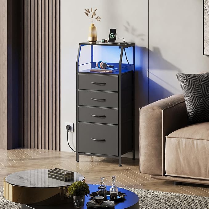 WLIVE Night Stand with Charger Station, LED Nightstand with 4 Fabric Drawers ...