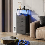 WLIVE Night Stand Set of 2 with Charger Station, Nightstand Sets with LED Light and 4 Storage Drawers, Tall Dressers for Bedroom, Bedside Tables with Fabric Bins, Wood Shelf, Metal Frame, Black