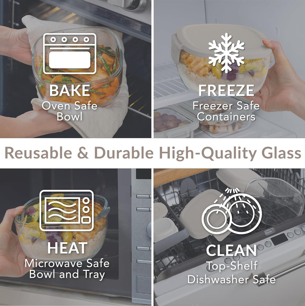 Bentgo Glass All-in-One Salad Container - Large 61-oz Salad Bowl with Lid, 4-Compartment Bento-Style Tray, 3-oz Sauce Container, & Reusable Fork - Dishwasher, Microwave, & Oven Safe (White Stone Tan)