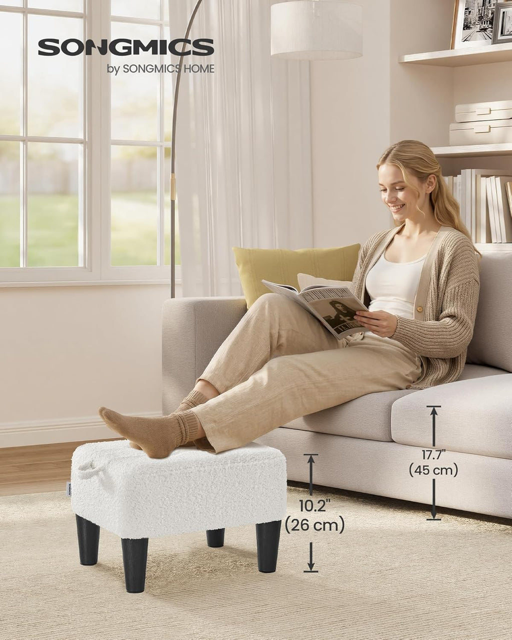 SONGMICS Foot Stool, Small Teddy Fleece Footstool Ottoman with Thick Cushion and Legs, for Living Room, Bedroom, Entryway, 330 lb Weight Capacity, Cream White and Ink Black ULOM503WD01