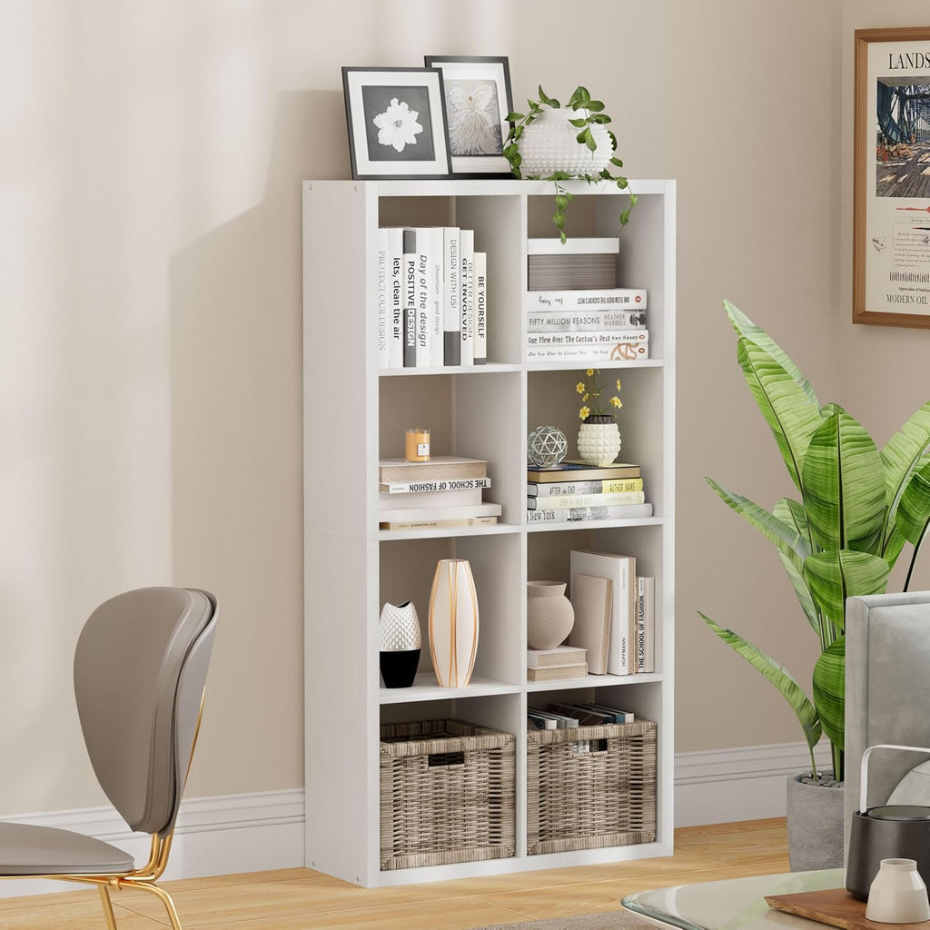 8 Cube Storage Organizer, Cube Shelf with Heavy-Duty Thick Boards, 25.12" L x 9.37" W x 48.74" H, Smooth Easy-Clean Panels, Simple Assembly, for Living Room Bedroom Office, White