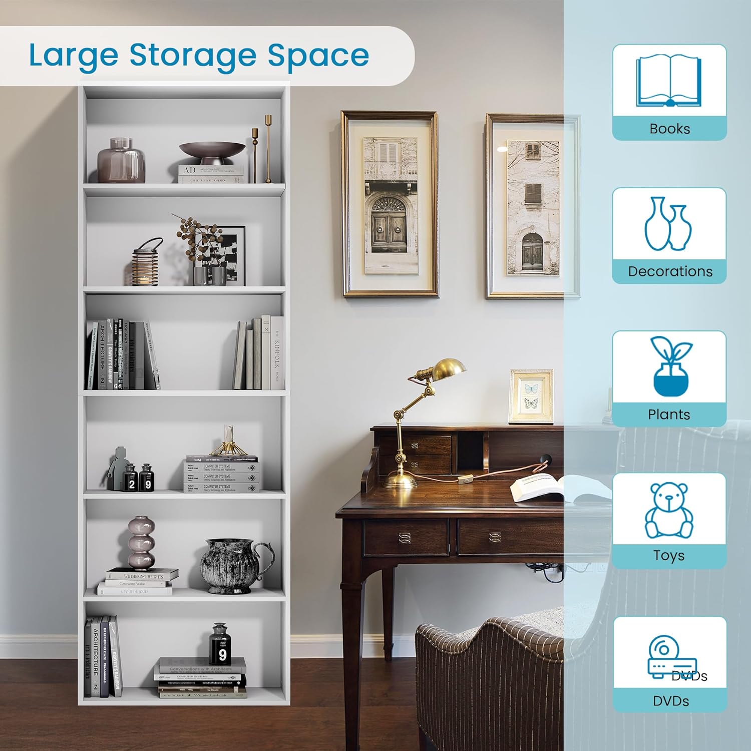 GRUSIGN 71" Tall 6-Tier Bookshelf, Large Open Display Bookcase with Ample Storage, Floor Standing Book Shelf for Living Room, Home Office, Bed Room, White