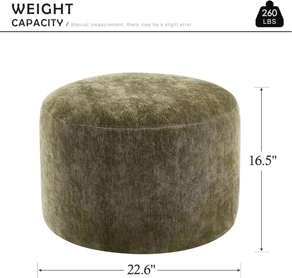 Upholstered Round Green Pouf Ottoman, Modern Footstool | Chenille Footrest wi...