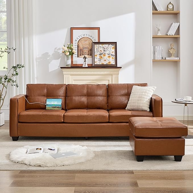 TYBOATLE Brown Sofa Couch Sectional Couches for Living Room, Comfy Faux Leather Modular Convertible L Shaped Sofas with USB & Ottoman, Leather Sectional with Side Pockets for RV Apartment Office