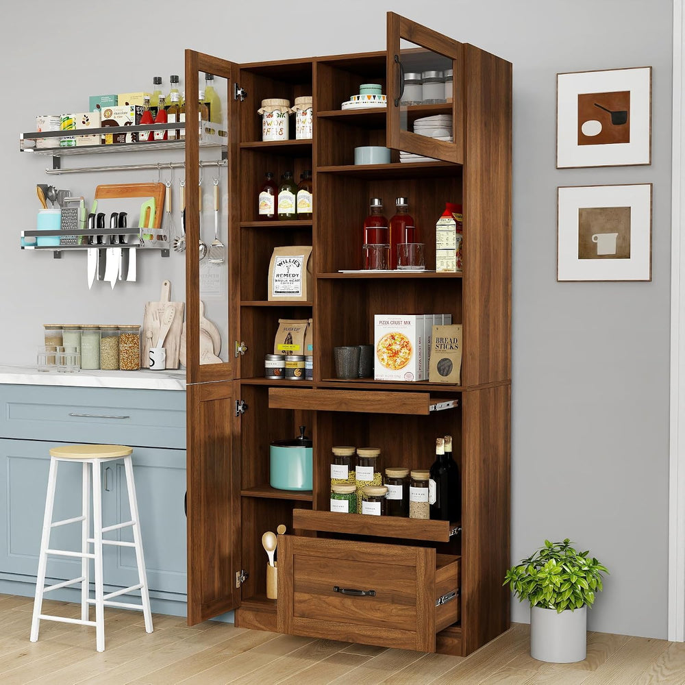 KEIKI 70.87" H Tall Kitchen Pantry Storage Cabinet with Countertop, Glas...