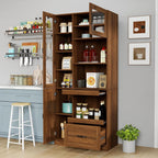 KEIKI 70.87" H Tall Kitchen Pantry Storage Cabinet with Countertop, Glass Doors, Drawers, Microwave Stand & Pull-Out Shelf, Freestanding Wood Hutch Food Pantries Cupboard for Coffee Bar, Dining Room