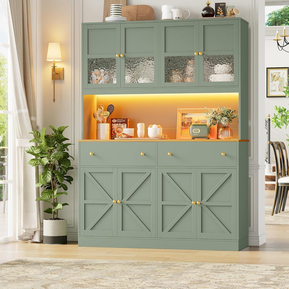 FINETONES 71" Pantry Cabinet with LED Light and Charging Station, Farmho...