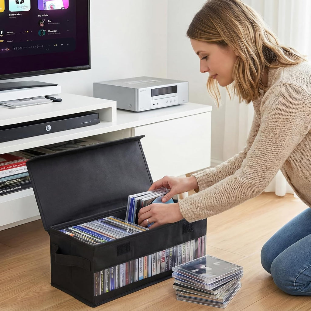 CD Storage Box, CD Case Holder with Handles | 14.17×6.3×5.51in Lid and Clear Window Stackable CD Organizer Box Holds Up to 32 CDs in full jewel cases(Black)