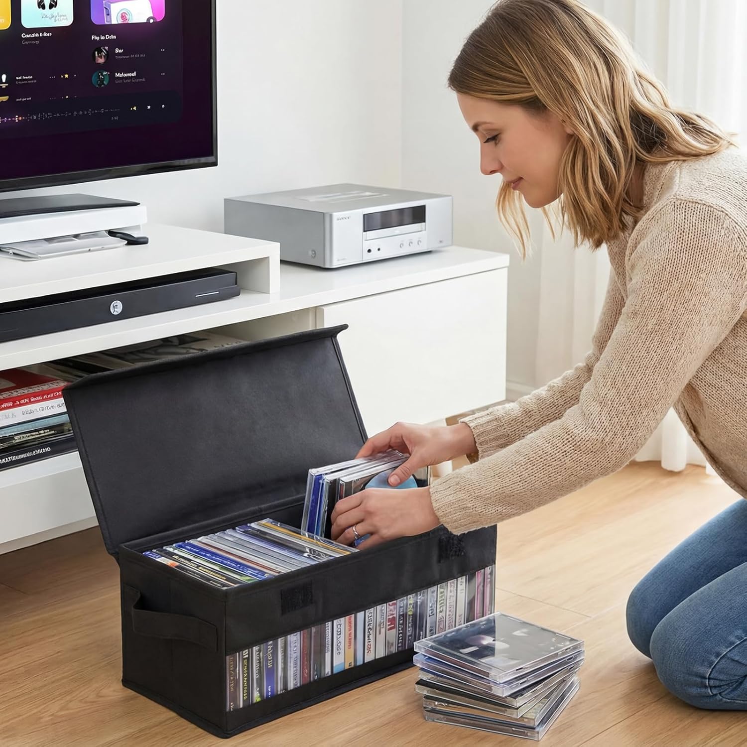 CD Storage Box, CD Case Holder with Handles | 14.17×6.3×5.51in Lid and Clear Window Stackable CD Organizer Box Holds Up to 32 CDs in full jewel cases(Black)