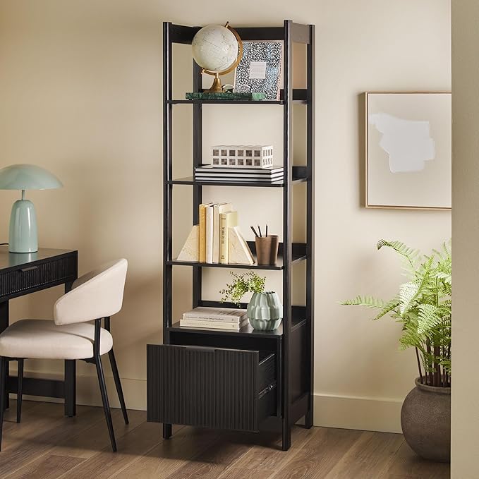Walker Edison Transitional Reeded Narrow Open Bookshelf with Drawer Home Office Living Room, Bedroom, 4-Shelf Bookcase with Bottom Storage, 22 Inch, Black