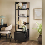 Walker Edison Transitional Reeded Narrow Open Bookshelf with Drawer Home Office Living Room, Bedroom, 4-Shelf Bookcase with Bottom Storage, 22 Inch, Black