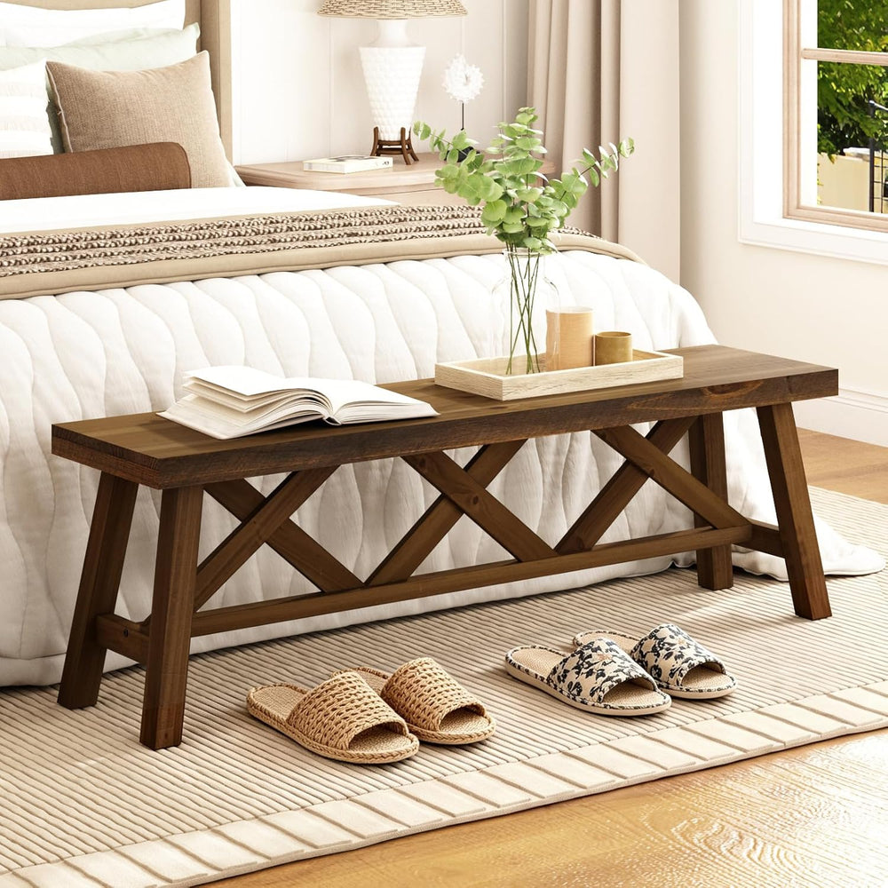 Wnutrees 54" Farmhouse Wood Bench, Rustic Solid Wood Entryway Bench Seat...