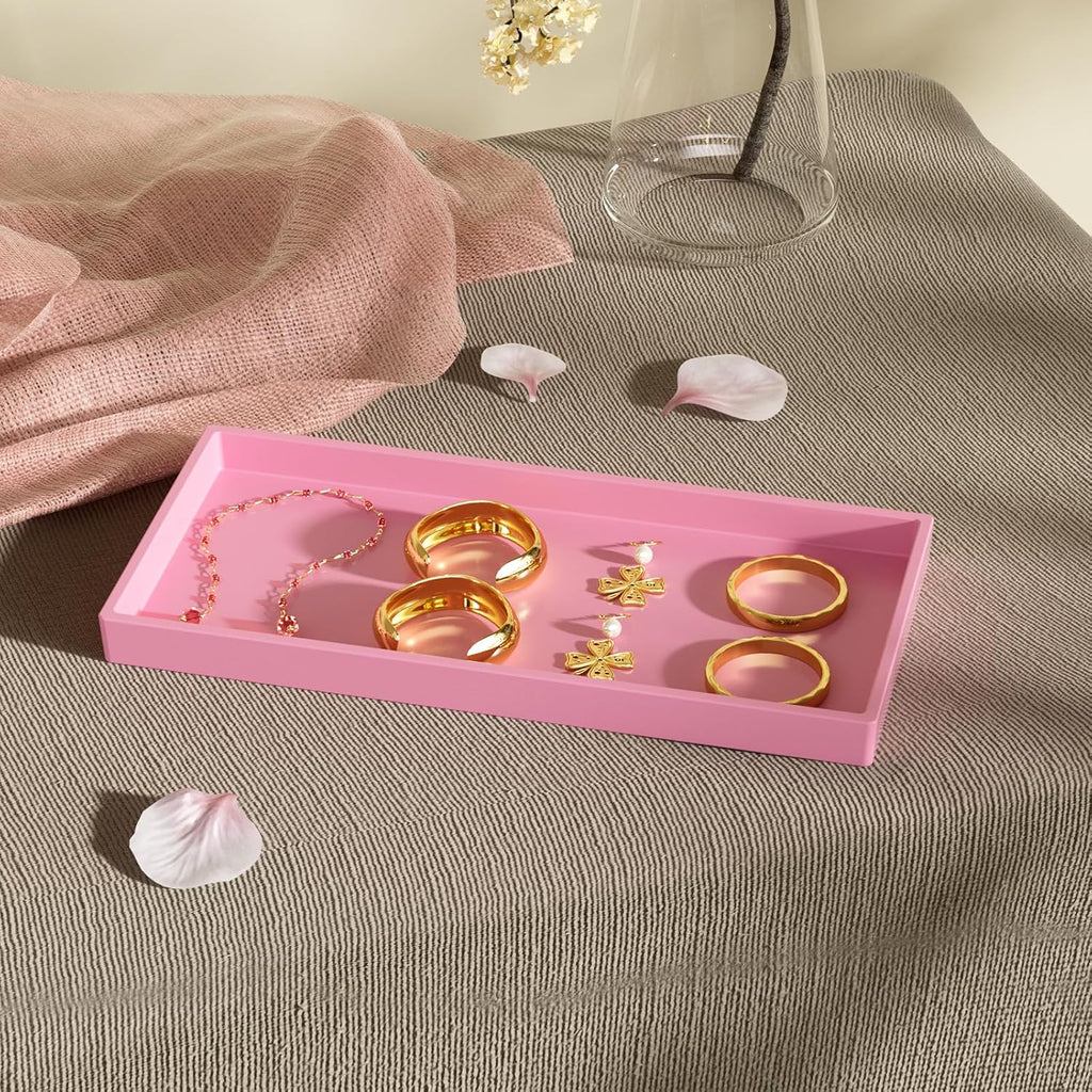 Vanity and Bathroom Tray, 9.8" ABS Countertop Organizer,Waterproof Vanity Tray for Toilet Tank,Perfume,Soap,Keys,Bathroom Accessories,Kitchen and Bath Trays,Non Slip Small Trays,Pink