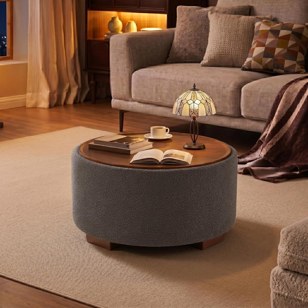 30 Inch Round Storage Ottoman Coffee Table, Modern Boucle Ottoman with Lift O...