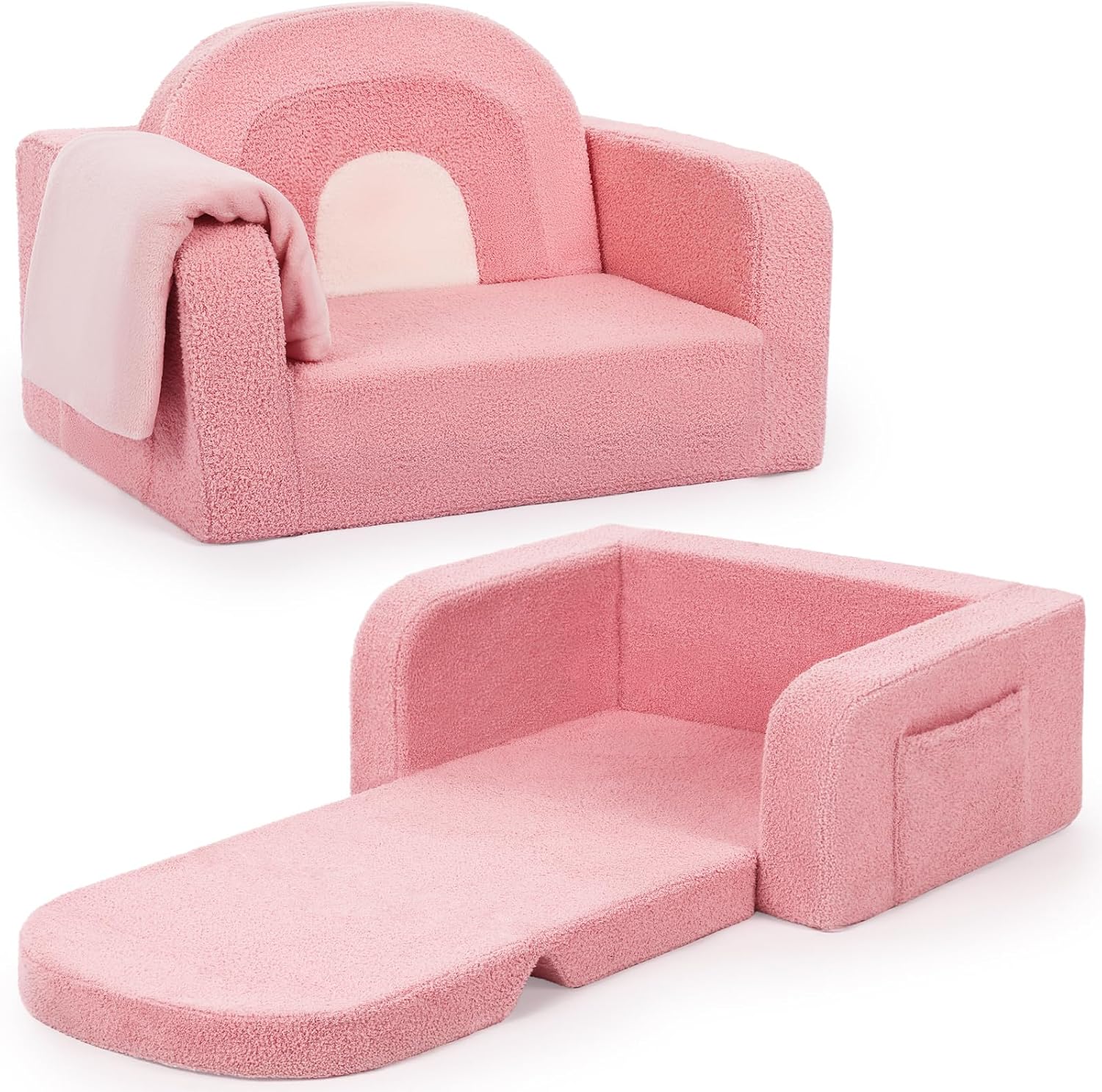Foryoomi Kids Couch, 2-in-1 Soft Toddler Couch Fold Out with Blanket, Comfy Toddler Chair, Convertible Sofa, Gifts for Kids Girl Boys, Medium Pink Rainbow