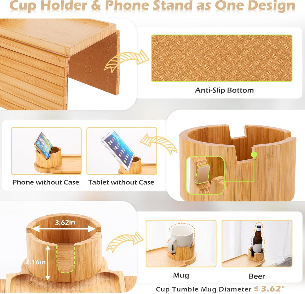 GHKINMAL Couch Cup Holder Tray, 3 in 1 Couch Arm Trays,Large Bamboo Chair Arm...