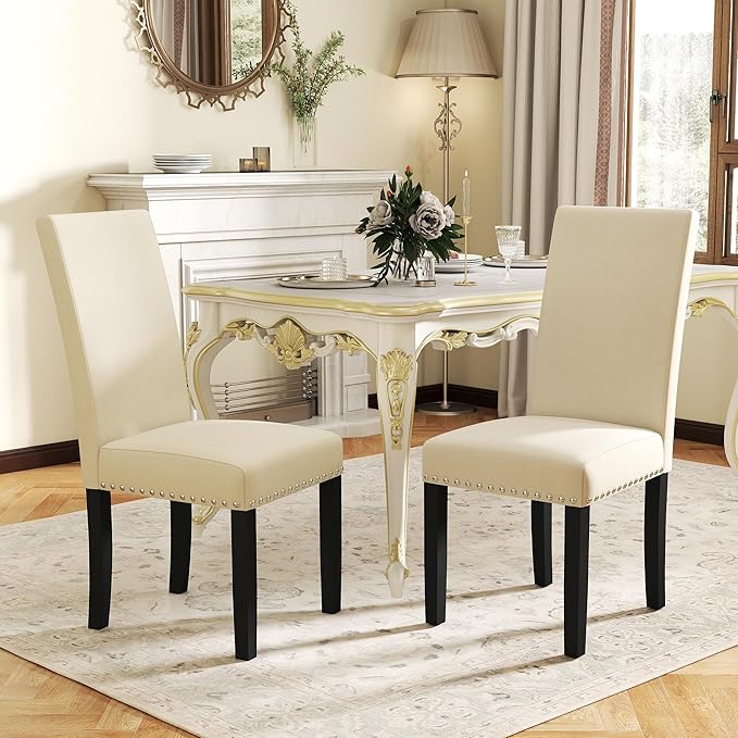 LSSPAID Dining Chairs Set of 2, Fabric Upholstered Dining Room Parson Chair with Nailhead Trim and Solid Wood Legs for Home and Kitchen, Beige
