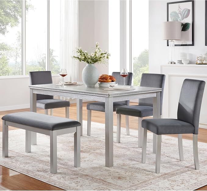 KEIKI 6-Piece Standard Height Dining Table Set with Rectangular Table, 4 Upholstered Chair, Bench, for 6 Person, Crystal Decoration Table Set, Easy Assembly, for Kitchen, Dining Room, Silver Grey