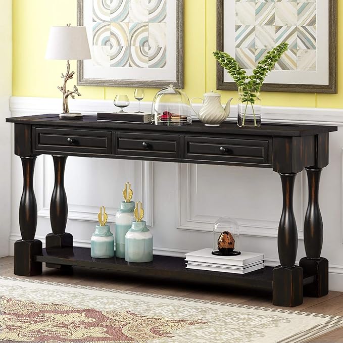 Merax Wood Farmhouse Entry Way Hallway Table with Drawers and Bottom Shelf Narrow Long Sideboard for Living Room (Distressed Black)