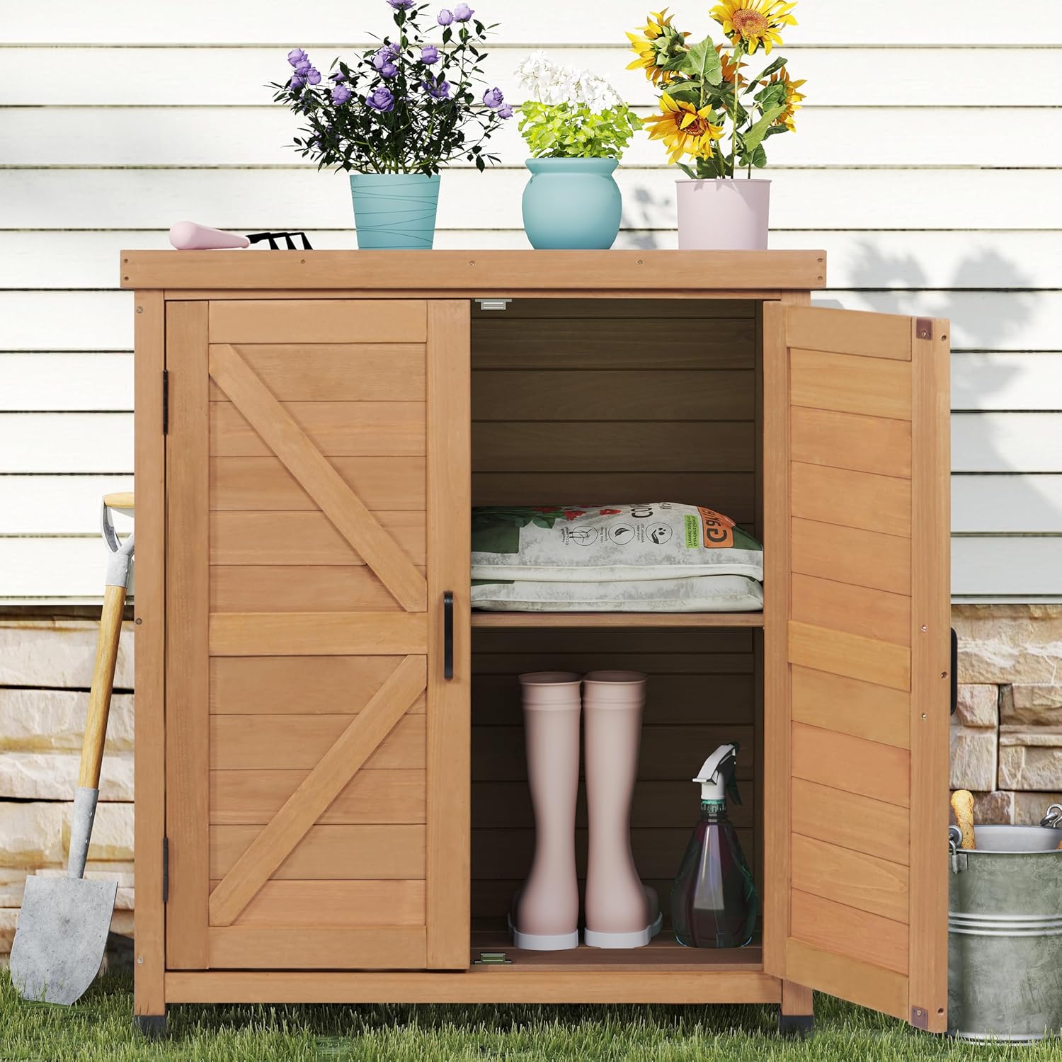 Outdoor Potting Bench with Storage Cabinet and Metal Top, Wood Workstation for Outdoor Patio, Garden (Light Brown, 31x17x36‘’)
